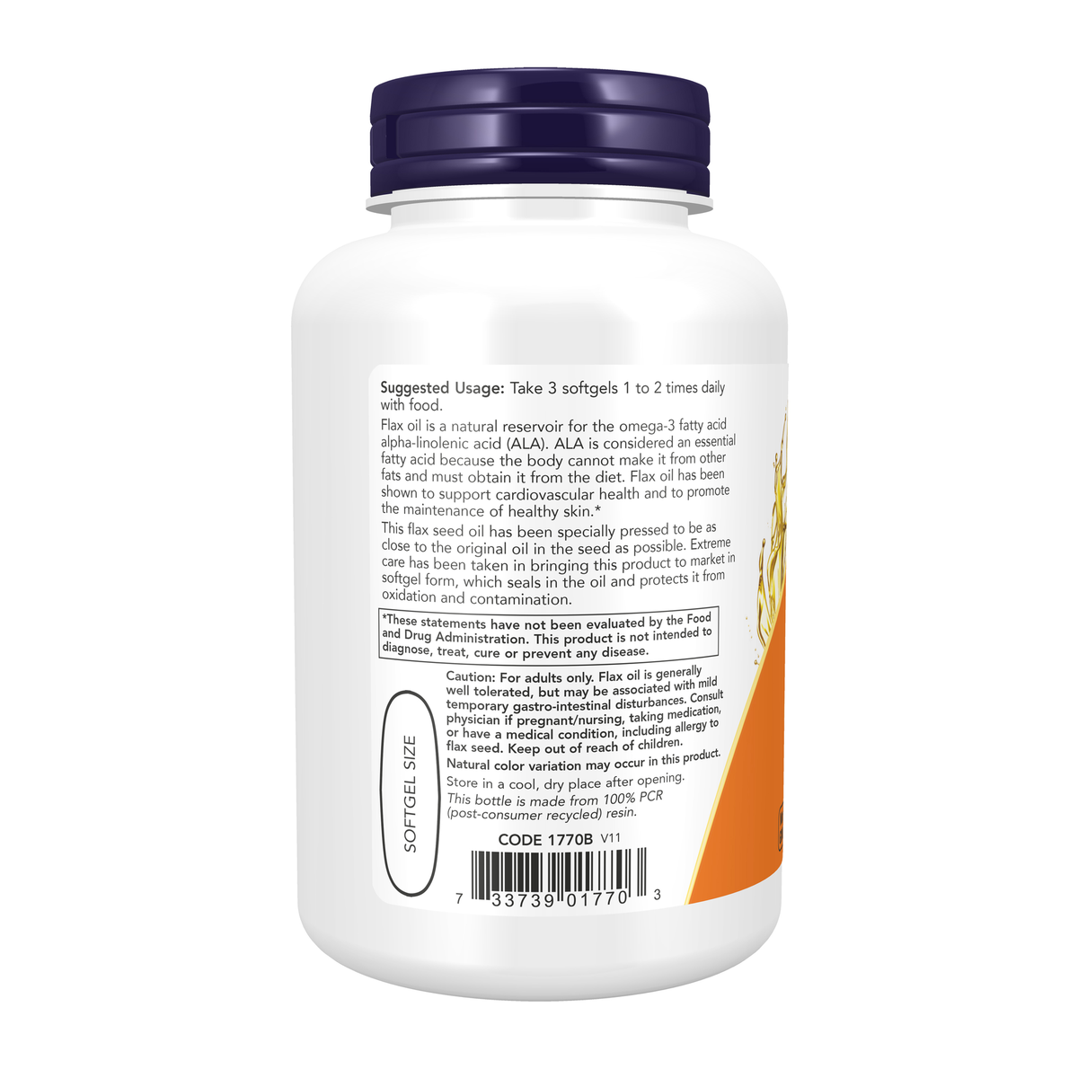 NOW Foods Flax Oil 1000 mg - 100 Softgels – Left label / Etykieta producenta