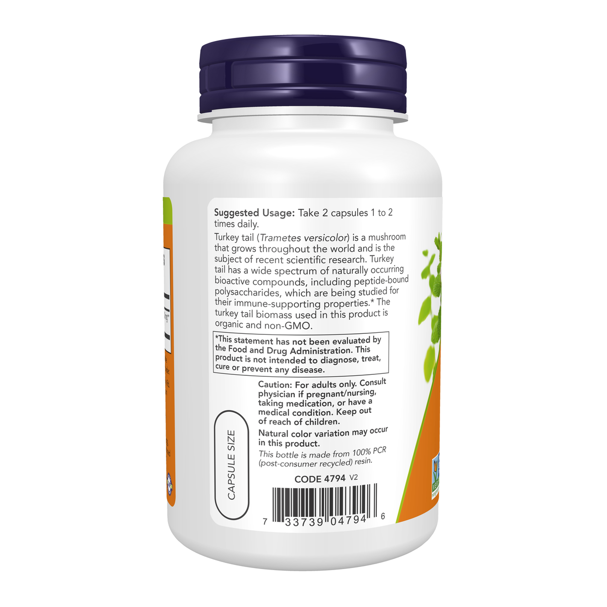 NOW Foods Turkey Tail 500 mg - 90 Veg Capsules – Left label / Etykieta producenta