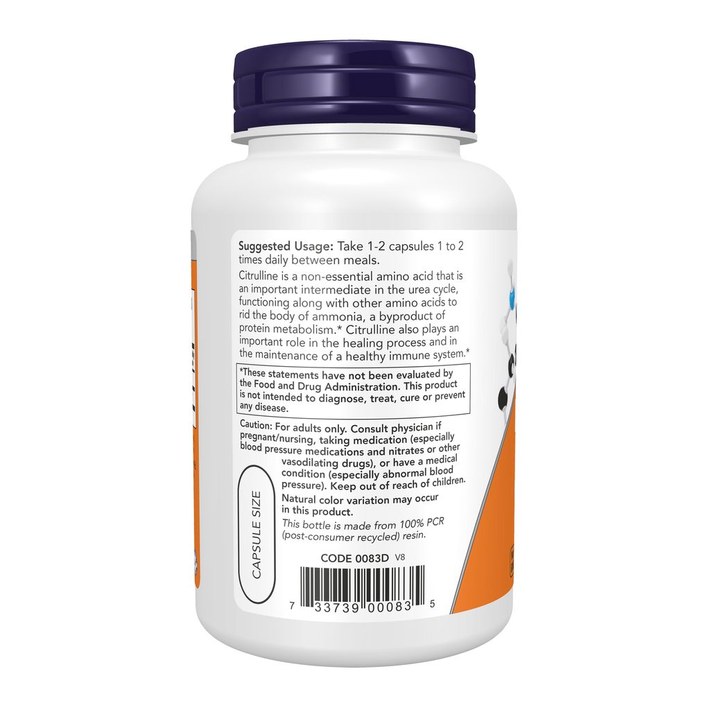NOW Foods L-Citrulline 750 mg - 90 Veg Capsules – Left label / Etykieta producenta