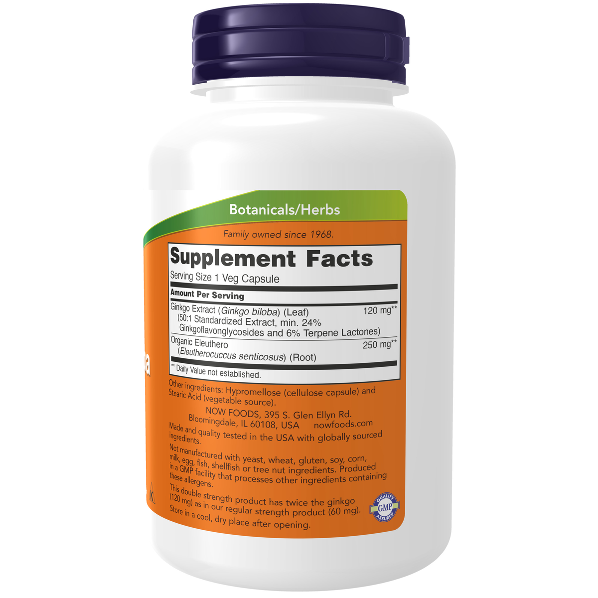 NOW Foods Ginkgo Biloba, Double Strength 120 mg - 200 Veg Capsules – Label details / Etykieta producenta