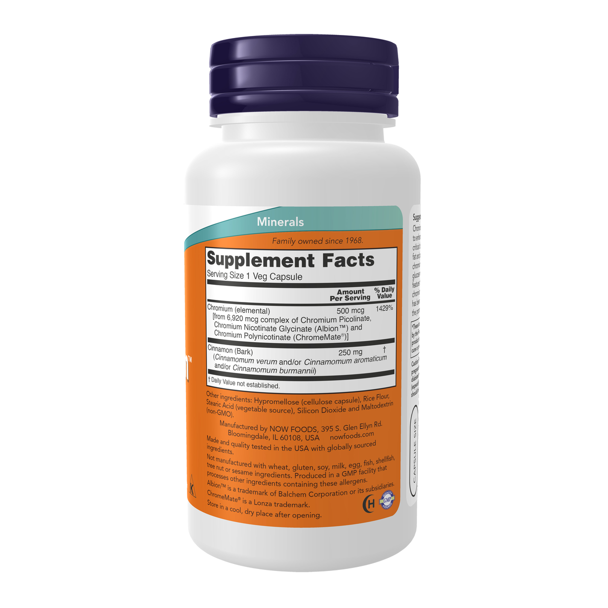 NOW Foods Tri-Chromium™ 500 mcg with Cinnamon - 90 Veg Capsules – Right label / Etykieta producenta