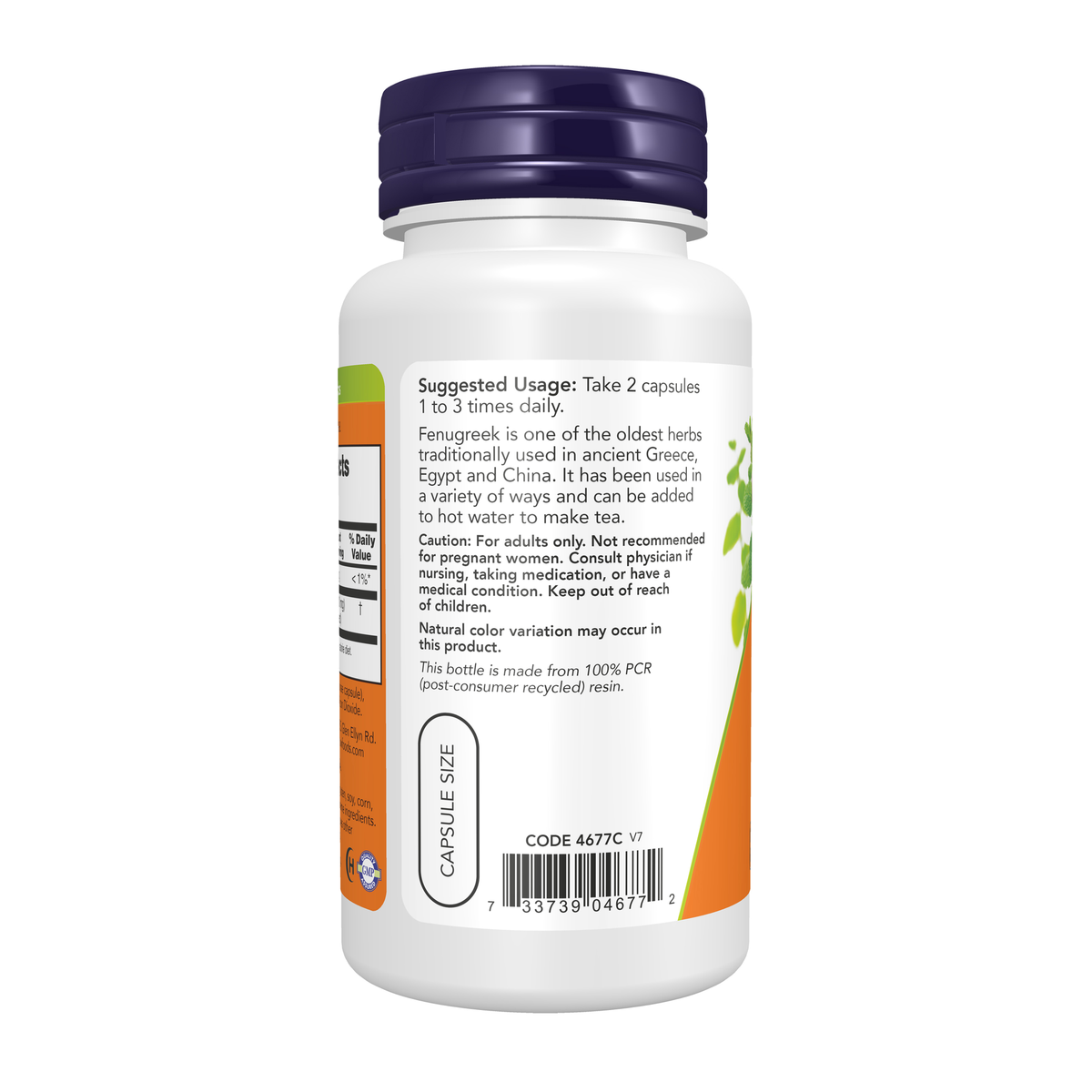 NOW Foods Fenugreek 500 mg - 100 Veg Capsules – Left label / Etykieta producenta