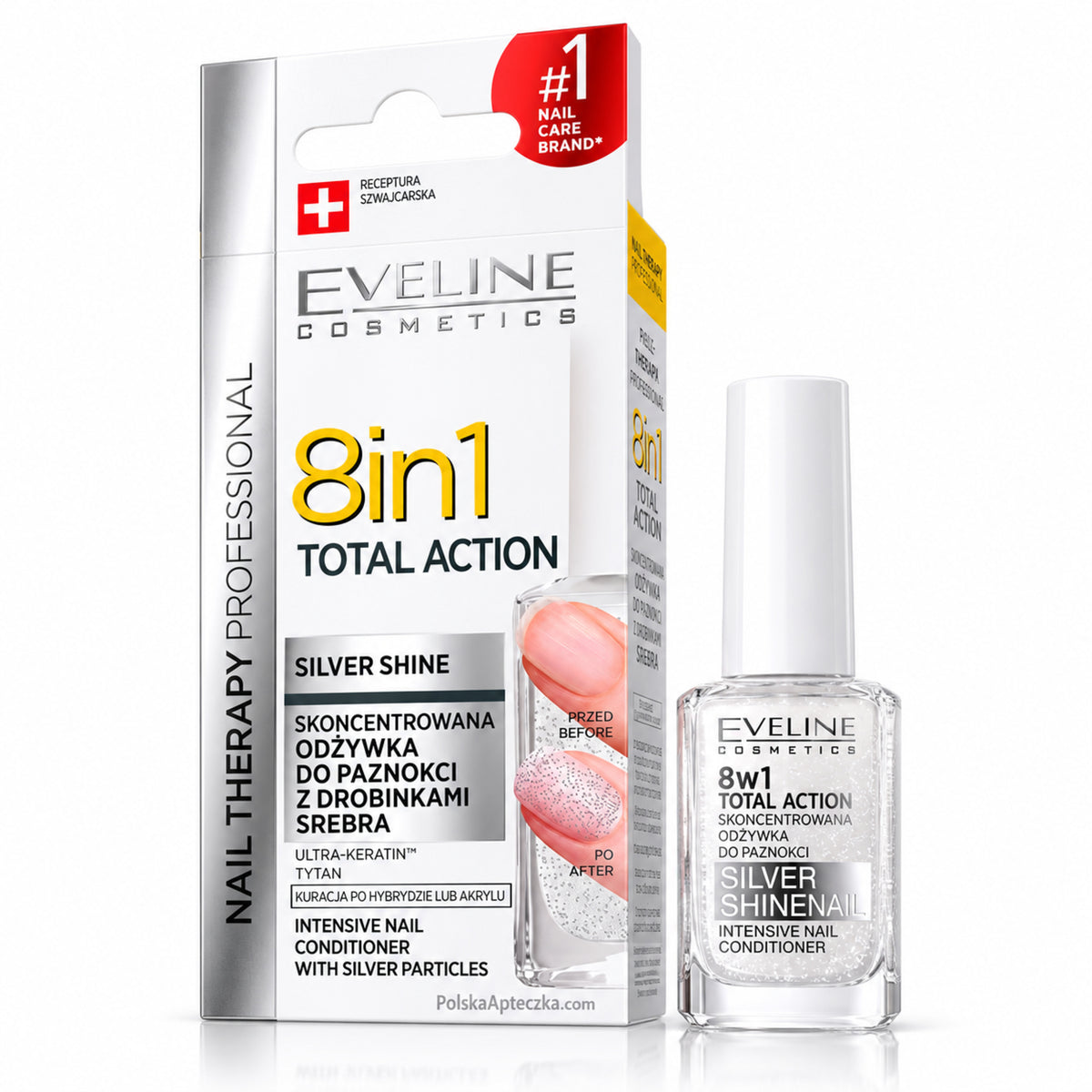 Nail Therapy Total Action 8-in-1 Silver Shine Conditioner, 12 ml – Eveline on white / Skoncentrowana odżywka do paznokci z drobinkami srebra total action 8w1 na białym tle
