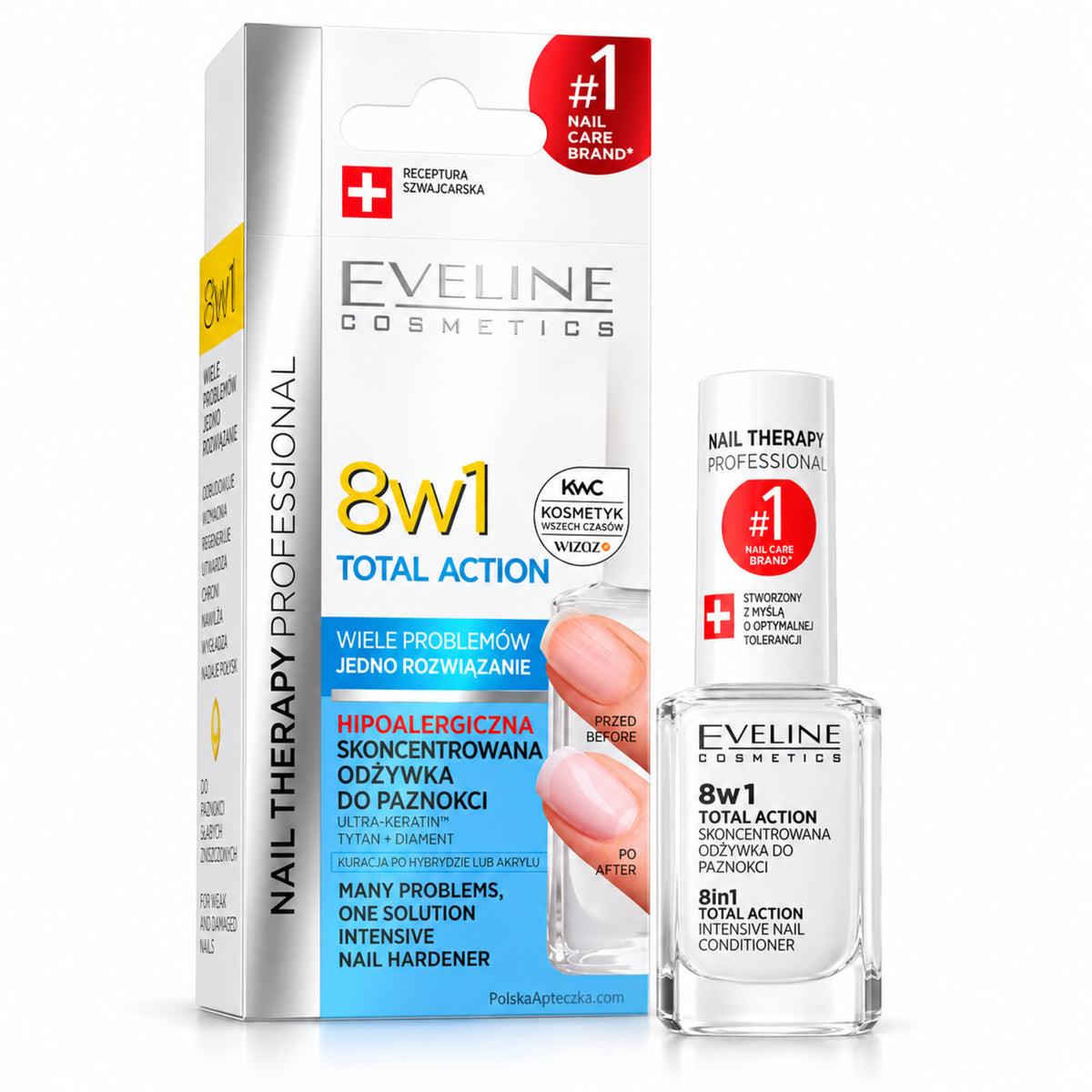 Nail Therapy Total Action 8-in-1 Nail Conditioner, 12 ml – Eveline on white / Total action skoncentrowana odżywka do paznokci 8w1 na białym tle