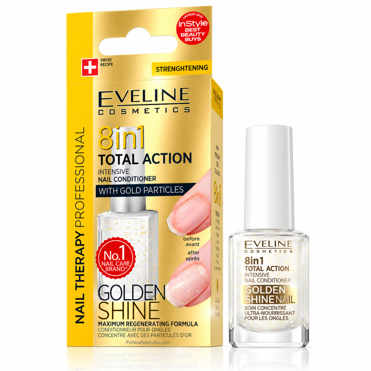 Nail Therapy Total Action 8-in-1 Golden Shine Conditioner, 12 ml – Eveline on white / Nail Therapy 8w1 odżywka do paznokci ze złocistym połyskiem na białym tle
