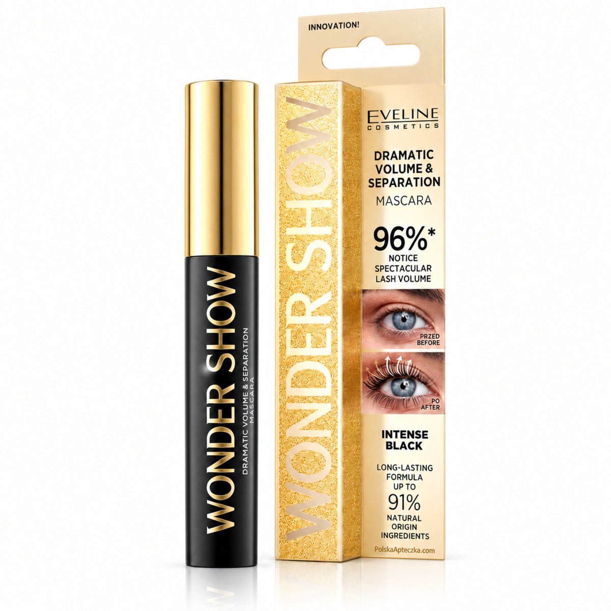 Wonder Show Volume & Separation Mascara – Black 7 ml by Eveline on white / Wonder Show – tusz pogrubiająco-rozdzielający, czarny 7 ml na białym tle