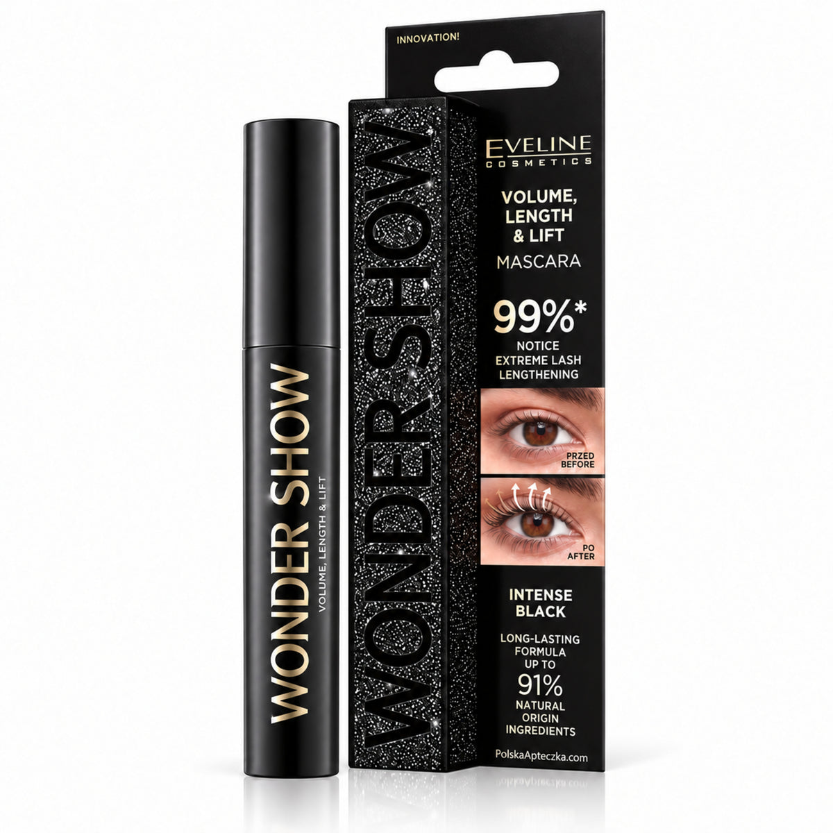 Wonder Show Volume, Length & Lift Mascara – Black 7 ml by Eveline on white / Wonder Show – tusz pogrubiająco-wydłużająco-unoszący, czarny 7 ml na białym tle