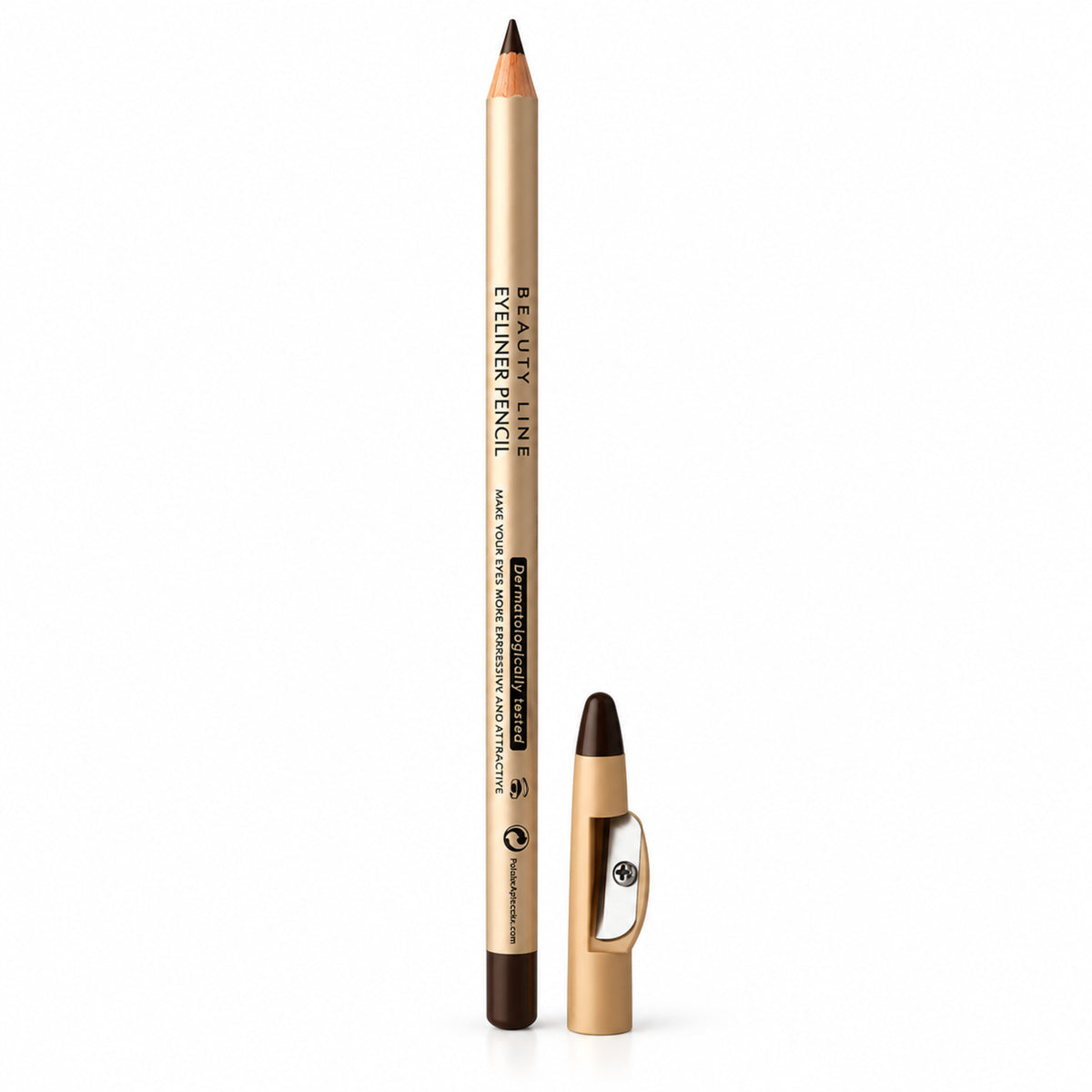 Beauty Line Eye Pencil with Sharpener – Brown by Eveline, product on white / Beauty Line – brązowa kredka do oczu z temperówką Eveline, produkt na białym tle