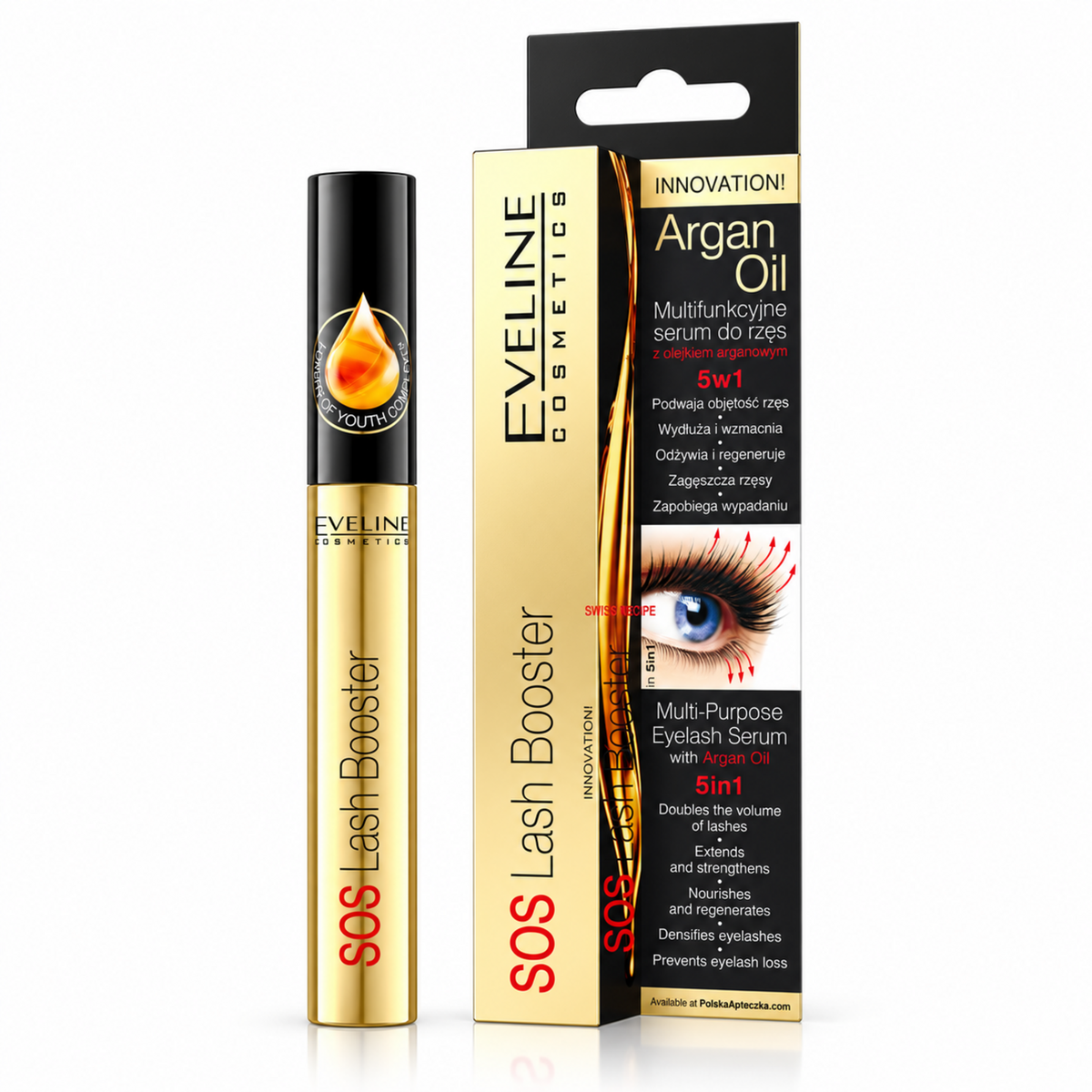 SOS Lash Booster Argan Oil eyelash serum 10 ml by Eveline, carton and tube on white / serum do rzęs 10 ml, opakowanie i tubka na białym tle