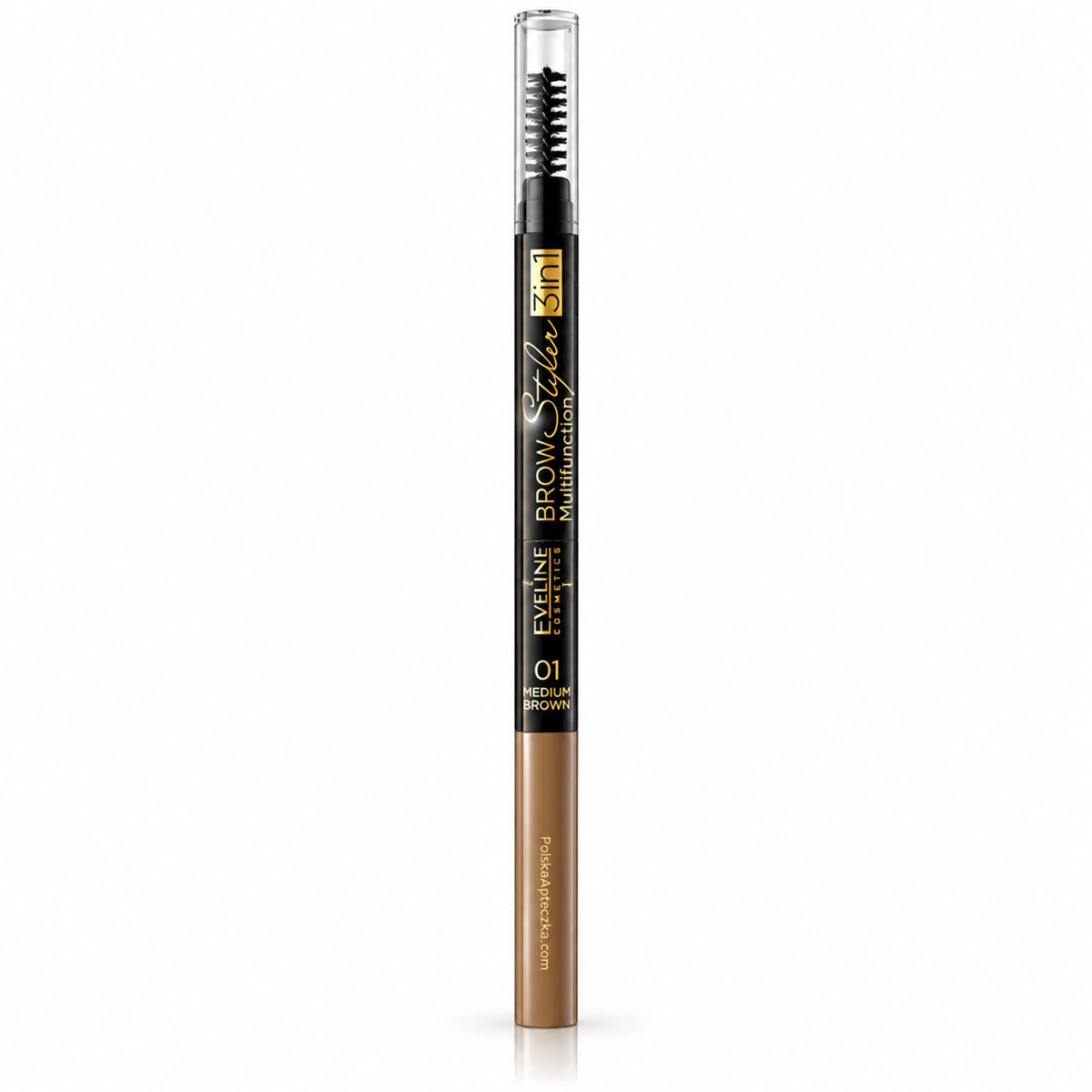 Brow Styler 3-in-1 Multifunction eyebrow pencil 01 Medium Brown by Eveline on white / kredka do brwi 01 Medium Brown – średni brąz na białym tle