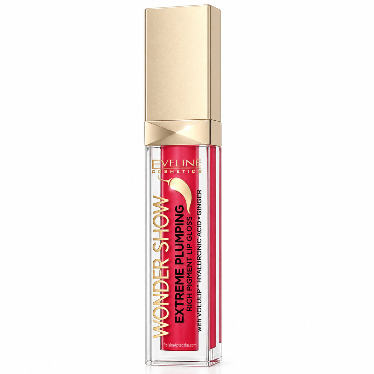 Wonder Show Extreme Plumping Lip Gloss 05 Vibrant Red 6.8 ml – Eveline on white / błyszczyk powiększający usta 05 Vibrant Red Eveline na białym tle