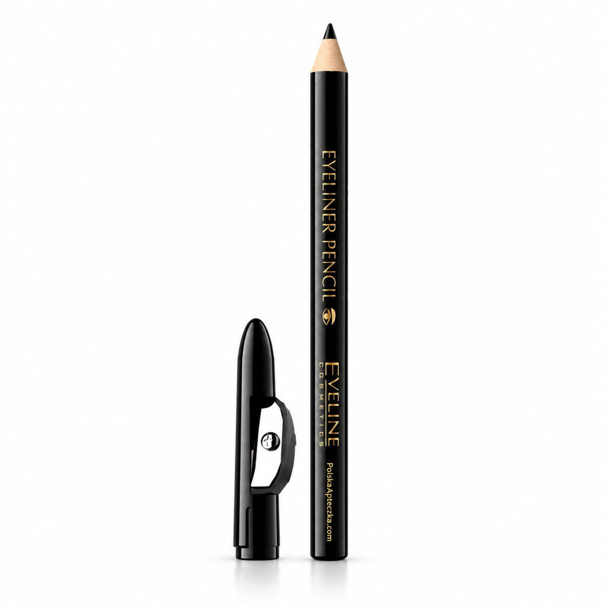 Long-Wear Eye Pencil with Sharpener – Black by Eveline, product on white / Czarna kredka do oczu z temperówką Eveline, produkt na białym tle