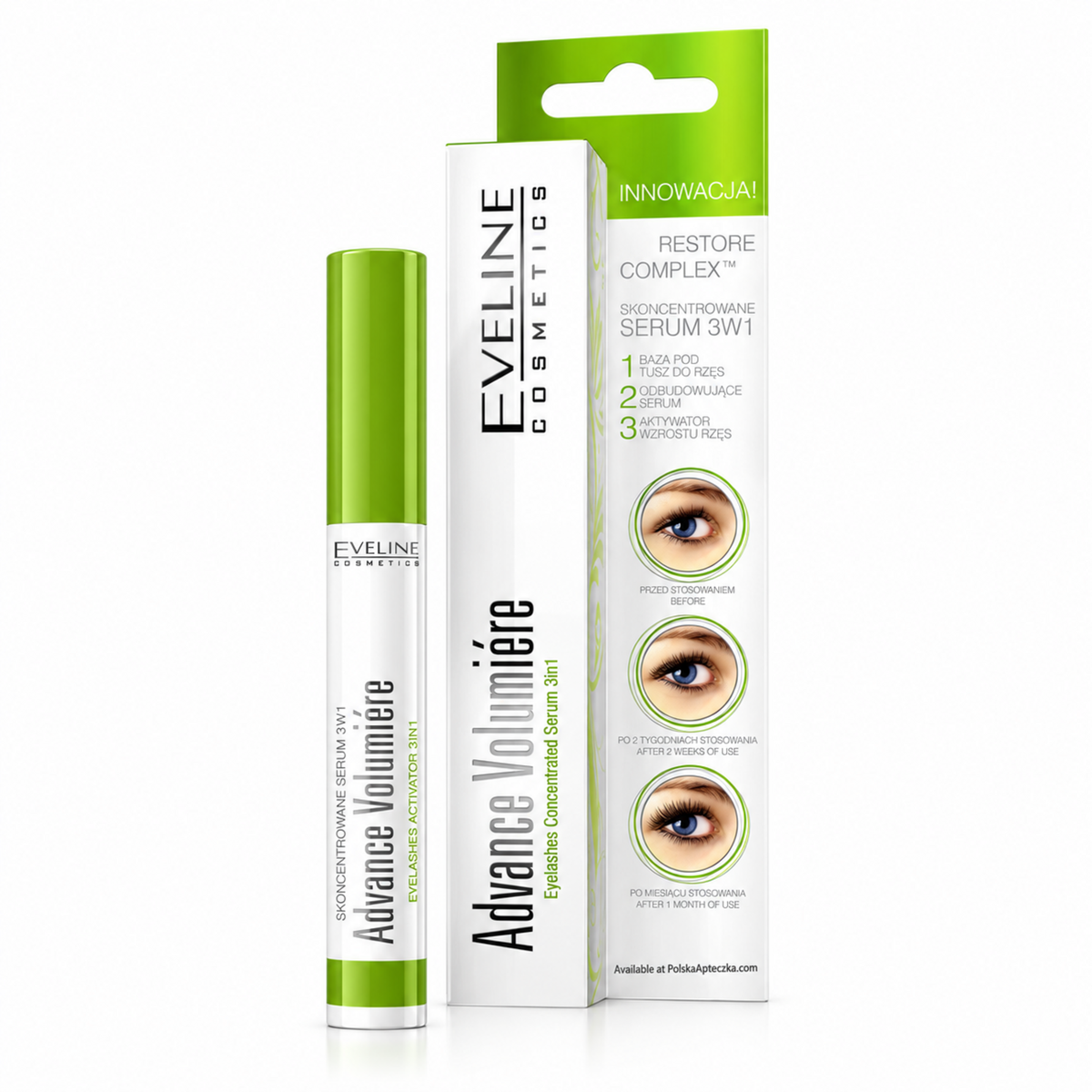 Advance Volumière eyelash serum 10 ml by Eveline, carton and tube on white / serum do rzęs 10 ml, opakowanie i tubka na białym tle