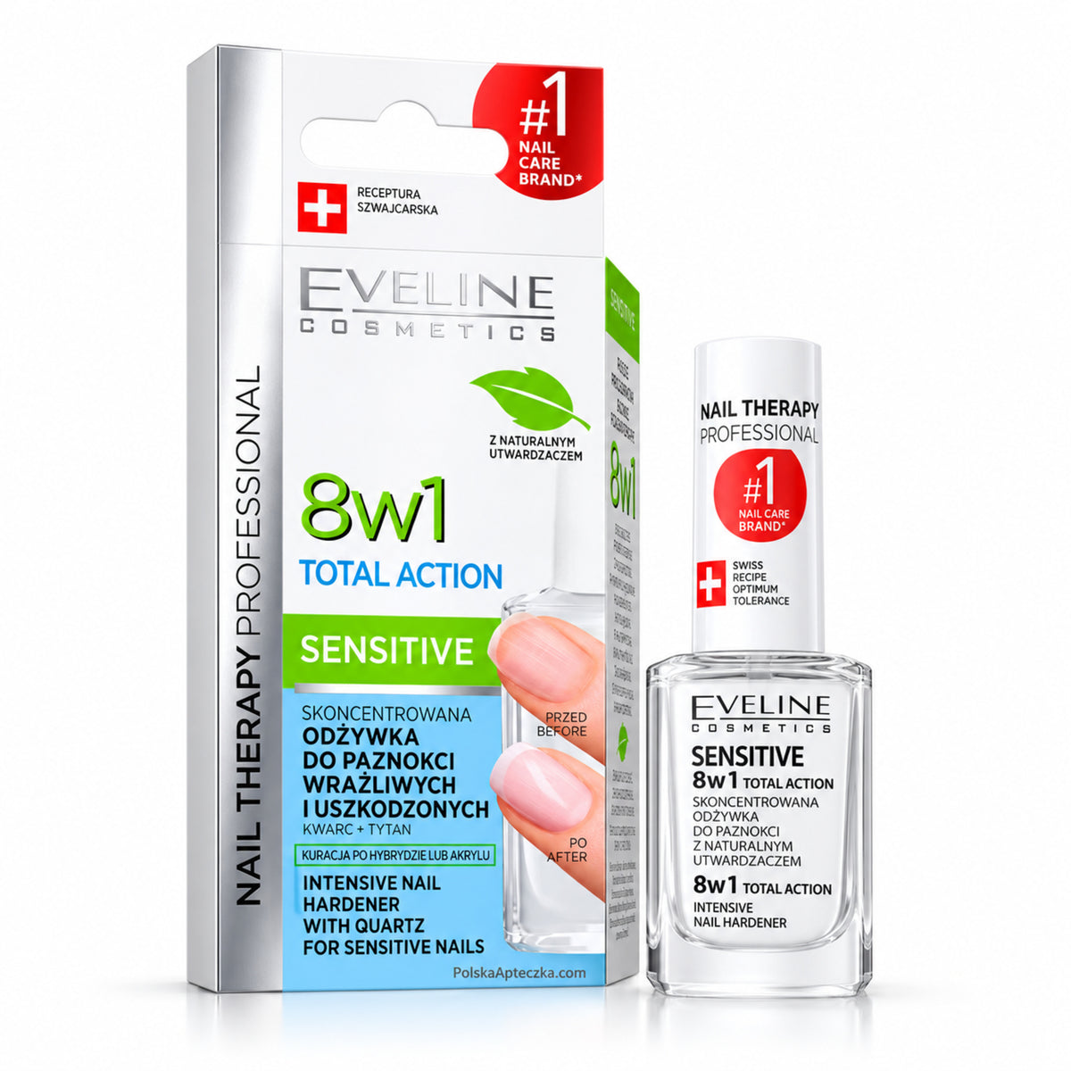 Nail Therapy Total Action Sensitive 8-in-1 Nail Conditioner, 12 ml – Eveline on white / Skoncentrowana odżywka do paznokci kruchych i łamliwych total action sensitive 8w1 na białym tle