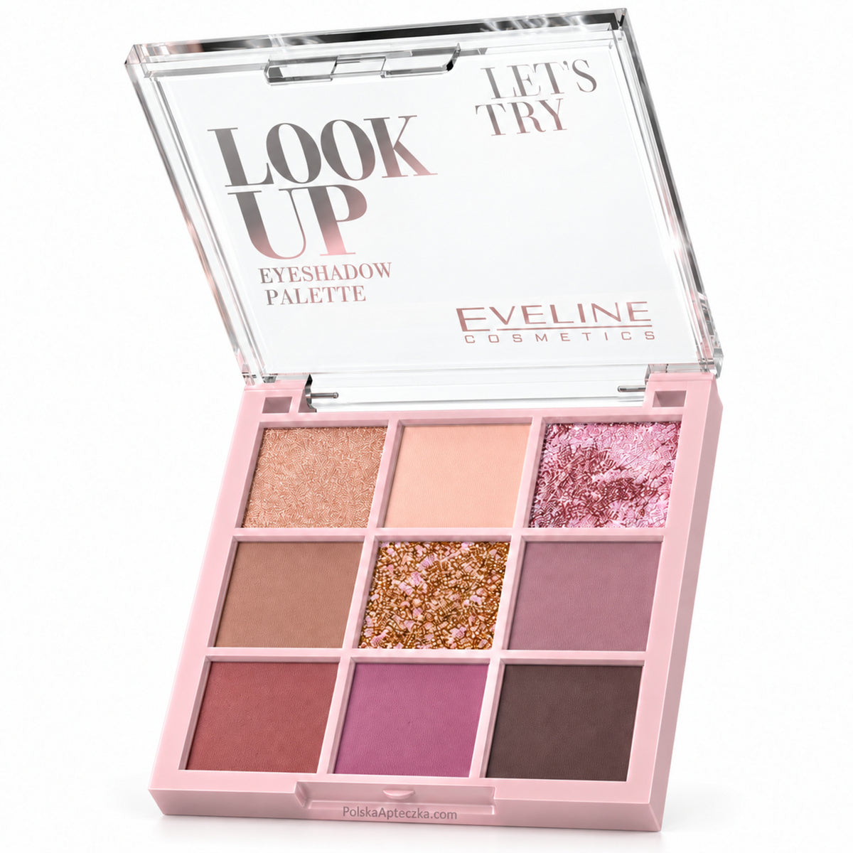 Look Up 9-Color Eyeshadow Palette – Let’s Try by Eveline on white / paleta dziewięciu cieni do powiek Let’s Try Eveline na białym tle
