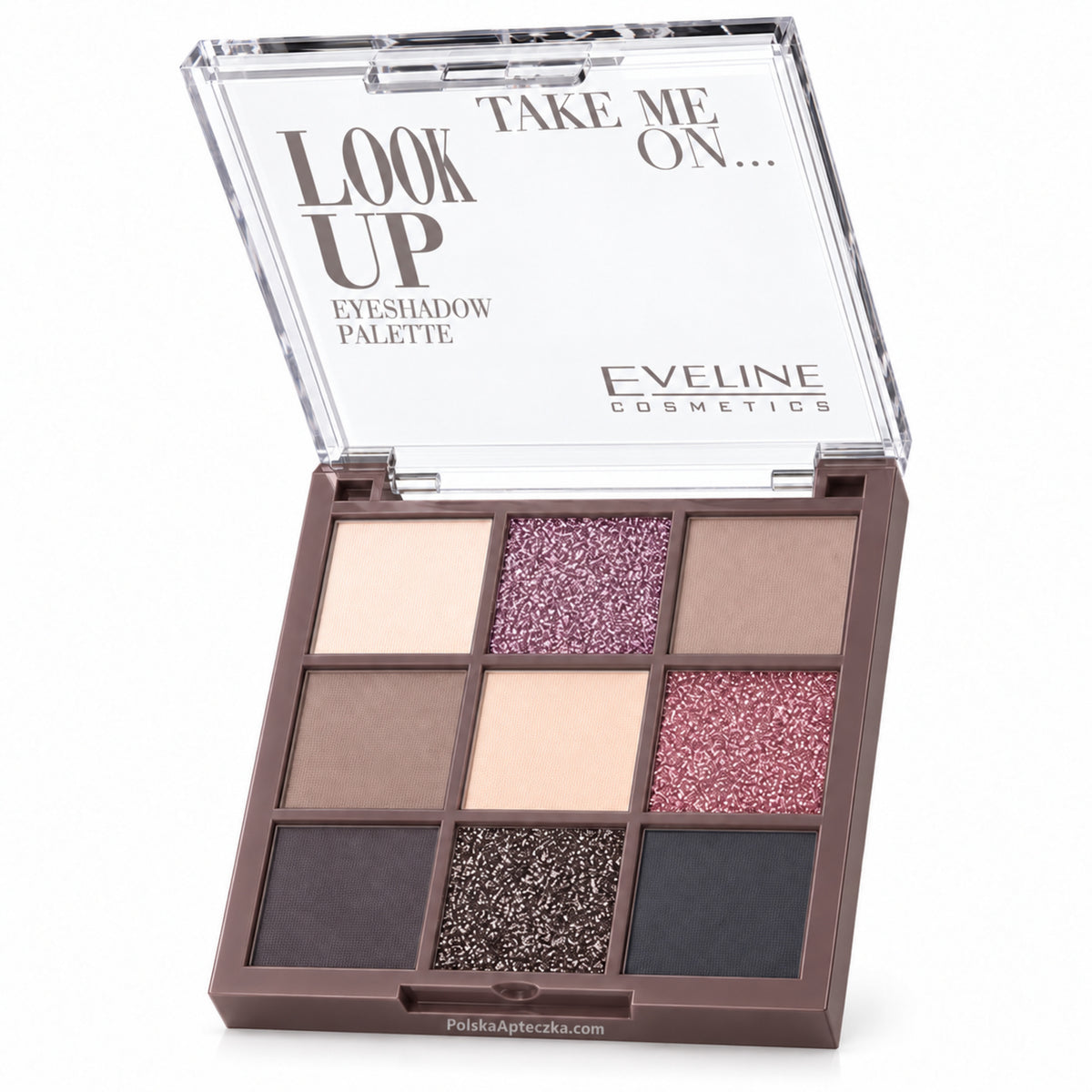 Look Up 9-Color Eyeshadow Palette – Take Me On by Eveline on white / paleta dziewięciu cieni do powiek Take Me On Eveline na białym tle