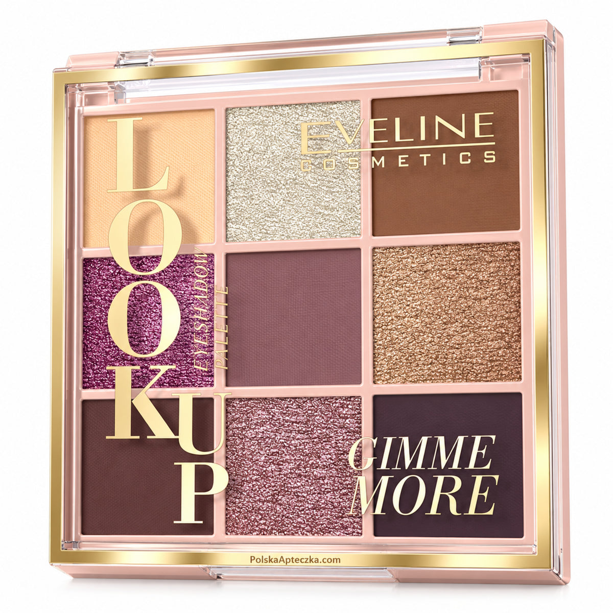 Look Up 9-Color Eyeshadow Palette – Gimme More by Eveline on white / paleta dziewięciu cieni do powiek Gimme More Eveline na białym tle