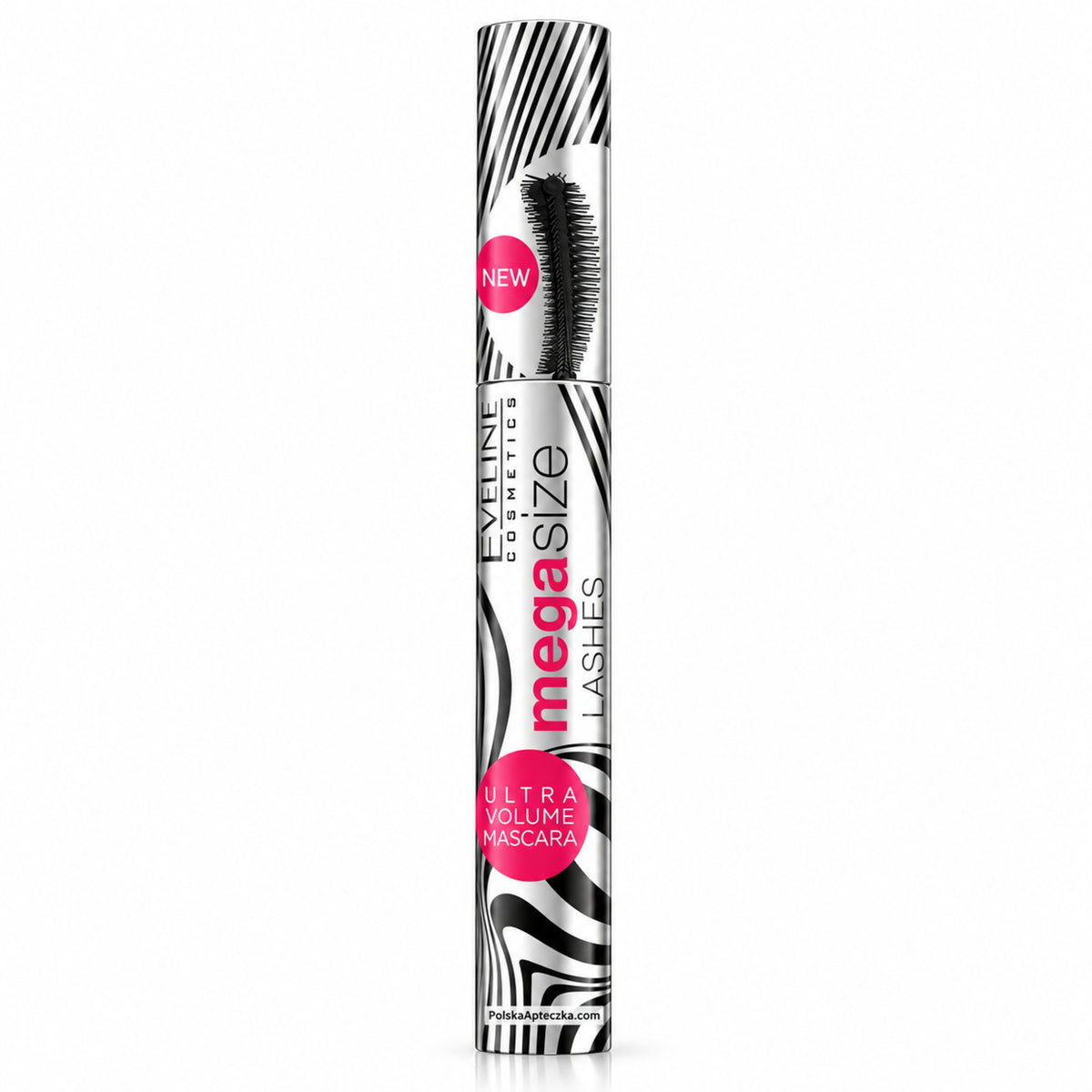 Mega Size Lashes Ultra Volume Mascara – Black 10 ml by Eveline on white / Mega Size Lashes Ultra Volume – tusz do rzęs, czarny 10 ml na białym tle