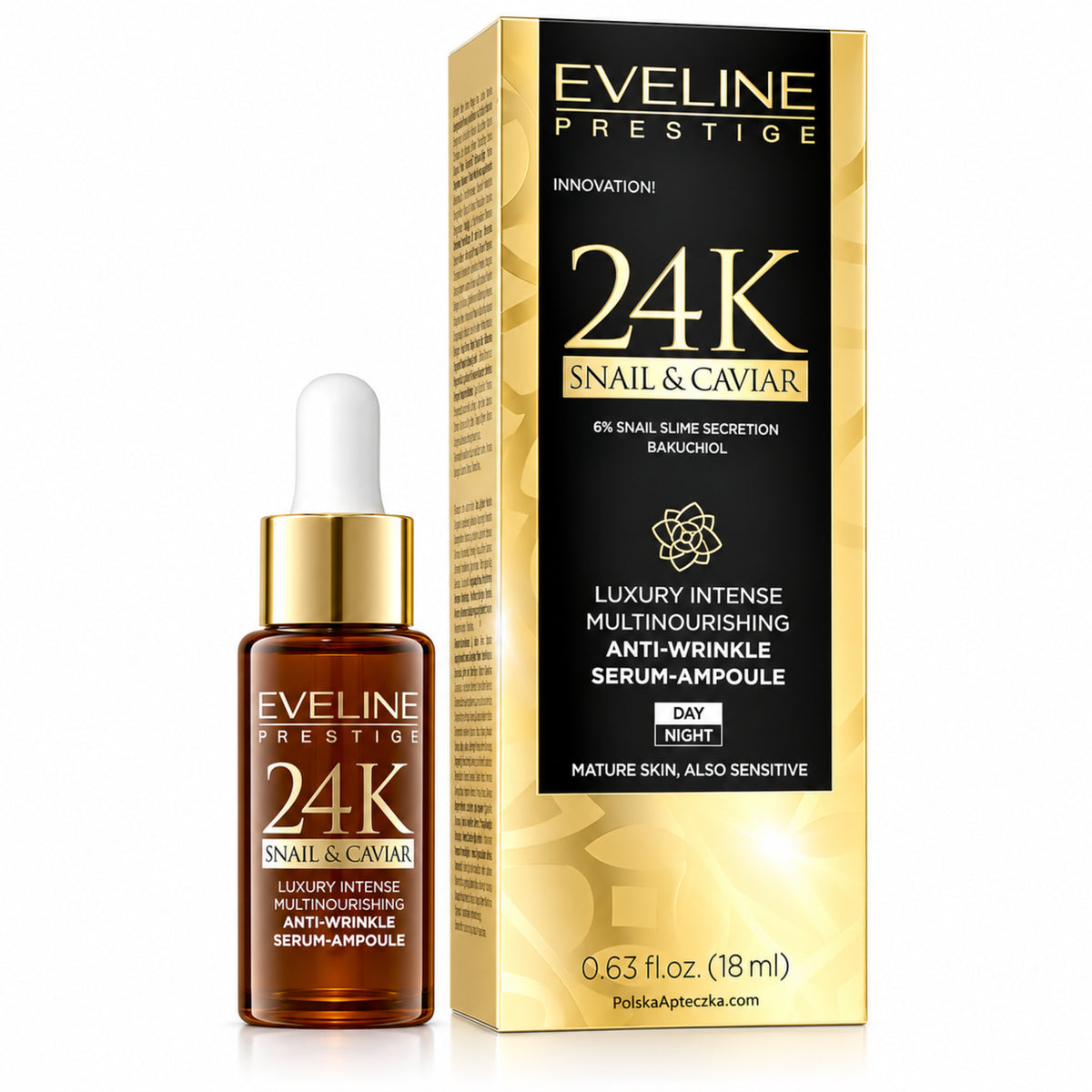 Prestige 24K Snail & Caviar Anti-Wrinkle Serum, 18 ml – Eveline on white / Prestige 24K Snail & Caviar przeciwzmarszczkowe serum na białym tle