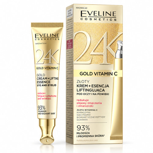 24K Gold Vitamin C Eye and Eyelid Cream + Lifting Essence, 15 ml – Eveline on white / Złoty krem + esencja liftingujące pod oczy i na powieki na białym tle