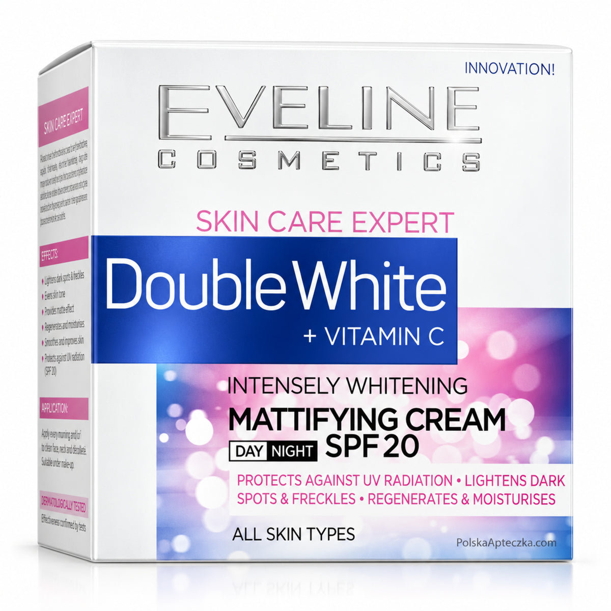 Skin Care Expert Double White Mattifying Cream SPF 20, 50 ml – Eveline on white / Skin Care Expert Double White krem matujący SPF 20 na białym tle