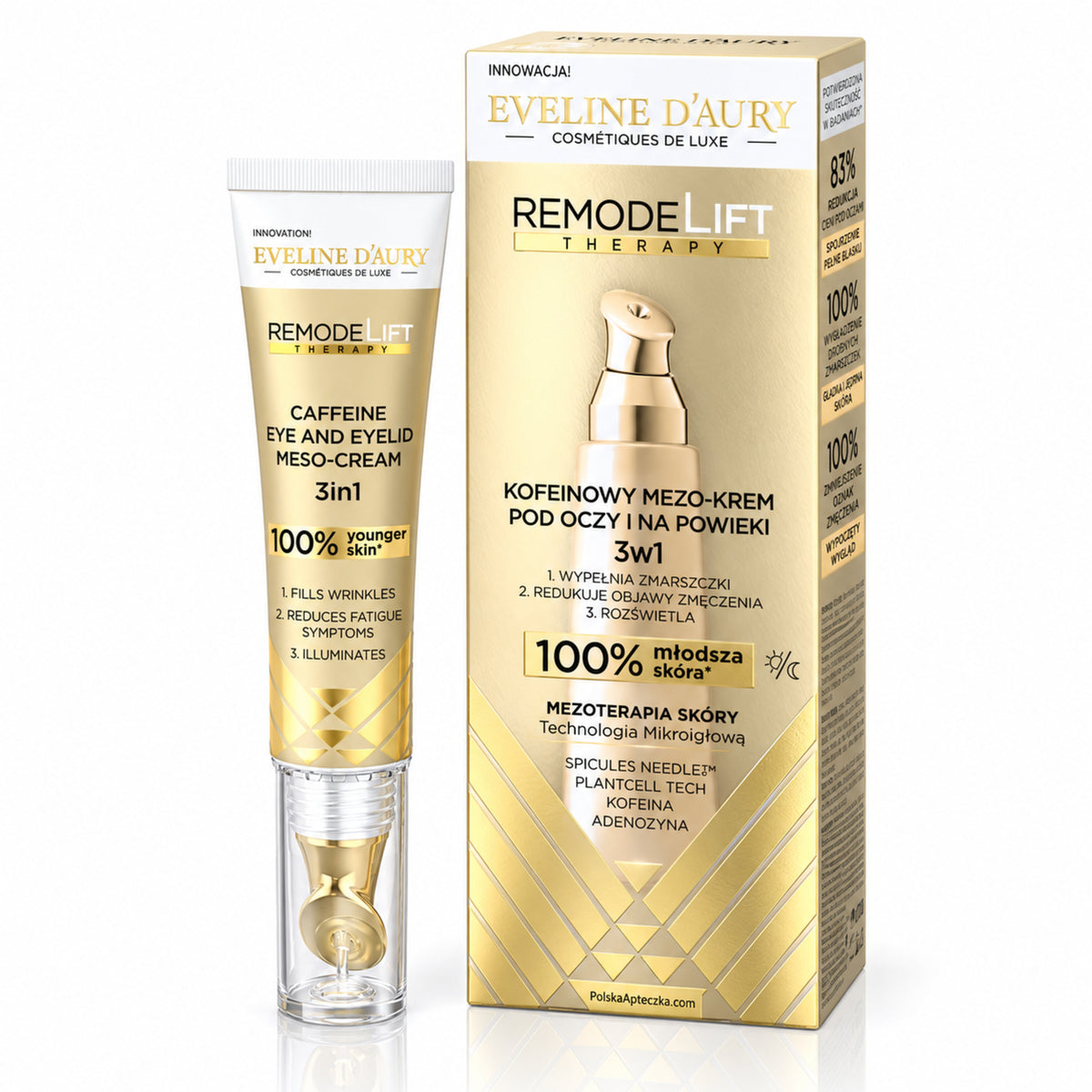 D'Aury RemodeLift Therapy Caffeine Eye Meso-Cream 3-in-1, 15 ml – Eveline on white / Kofeinowy mezo-krem pod oczy 3w1 na białym tle