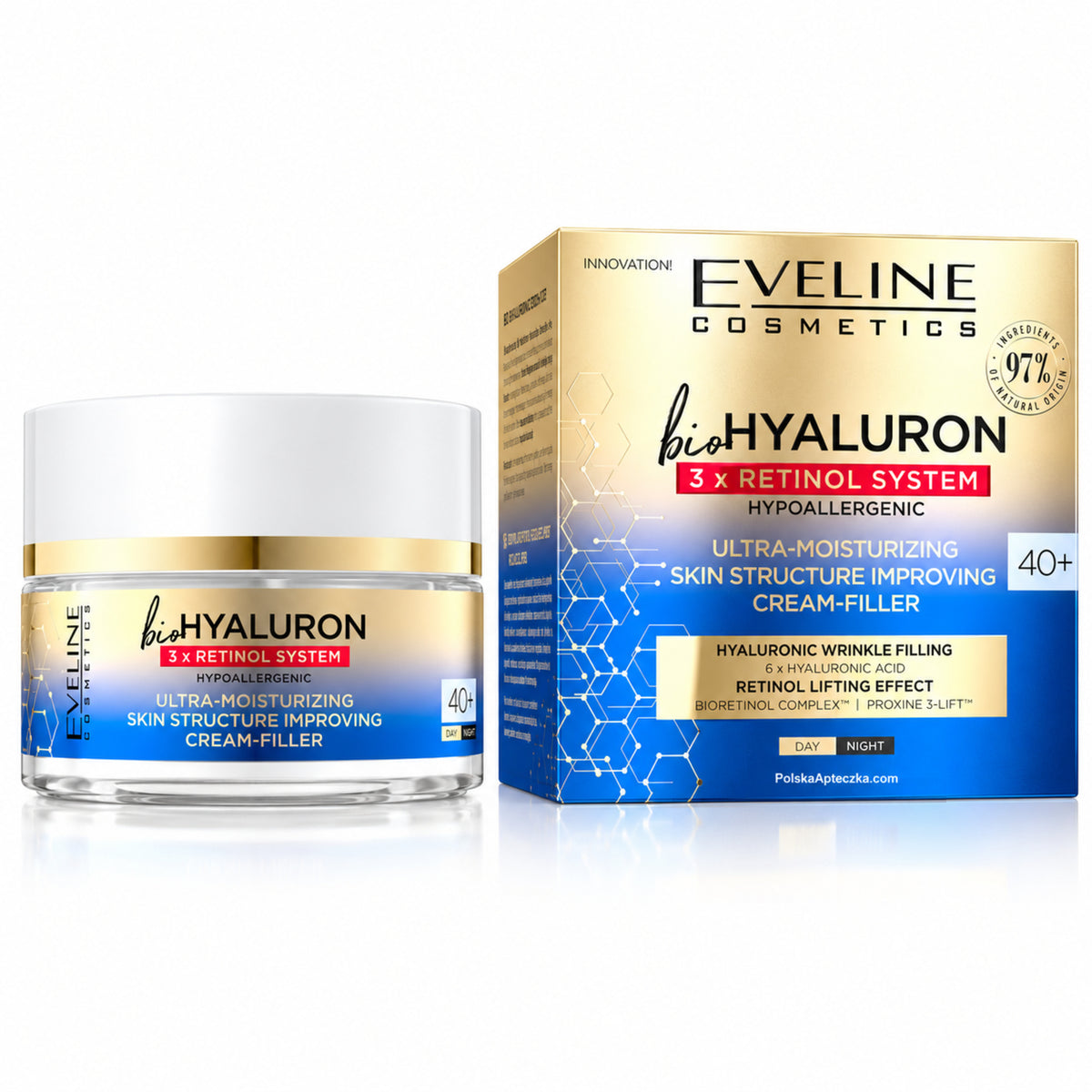 Bio Hyaluron 3x Retinol System 40+ Moisturizing Cream, 50 ml – Eveline on white / Bio Hyaluron 3x Retinol System 40+ nawilżający krem do twarzy na białym tle