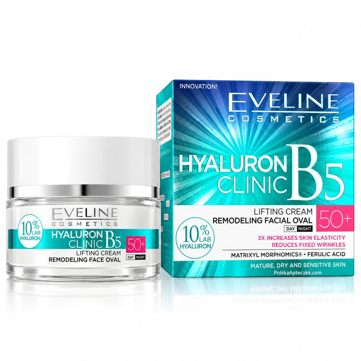 Hyaluron Clinic B5 50+ Lifting Day and Night Cream, 50 ml – Eveline on white / Hyaluron Clinic B5 50+ krem liftingujący na dzień i noc na białym tle
