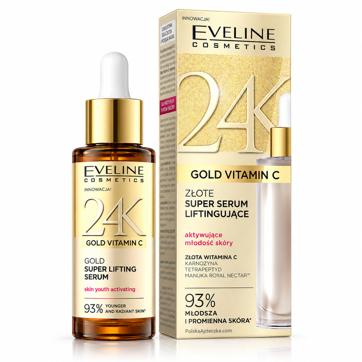 24K Gold Vitamin C Gold Super Lifting Serum, 30 ml – Eveline on white / Złote super serum liftingujące na białym tle