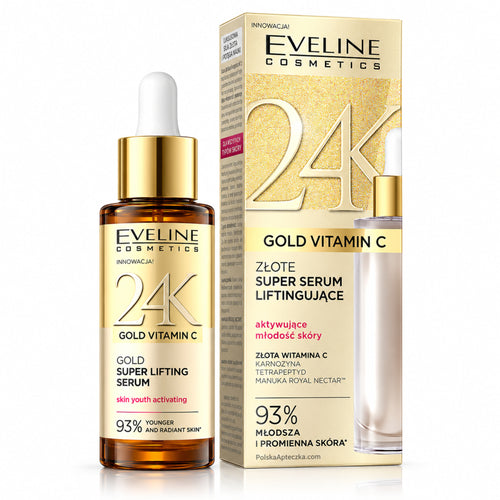24K Gold Vitamin C Gold Super Lifting Serum, 30 ml – Eveline on white / Złote super serum liftingujące na białym tle