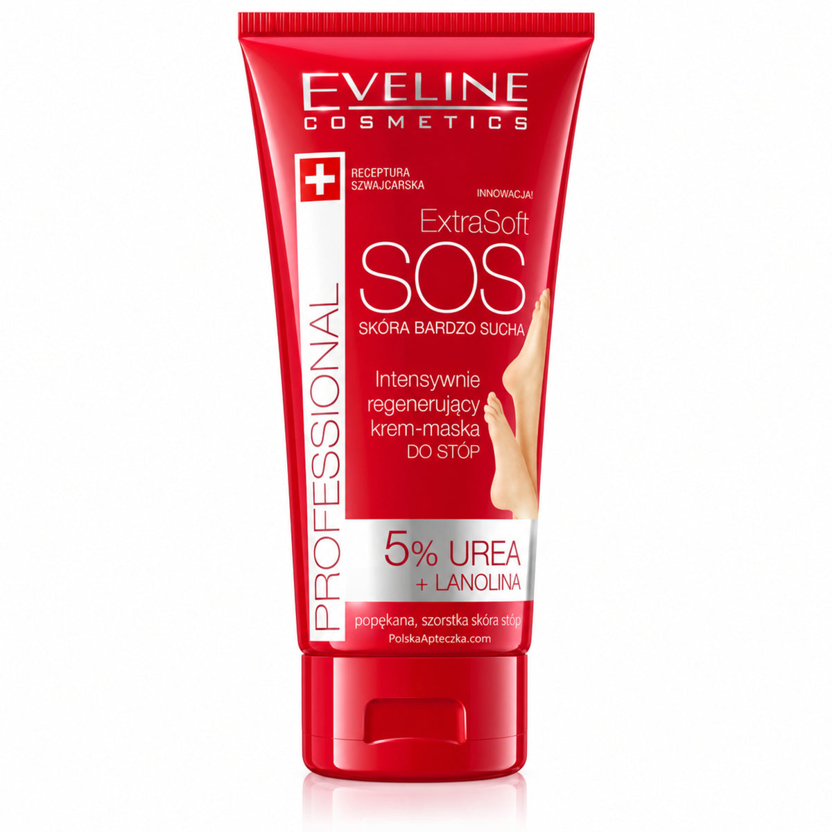 ExtraSoft SOS 5% Urea and Lanolin Foot Cream, 100 ml – Eveline on white / ExtraSoft SOS krem do stóp z 5% mocznika i lanoliną na białym tle