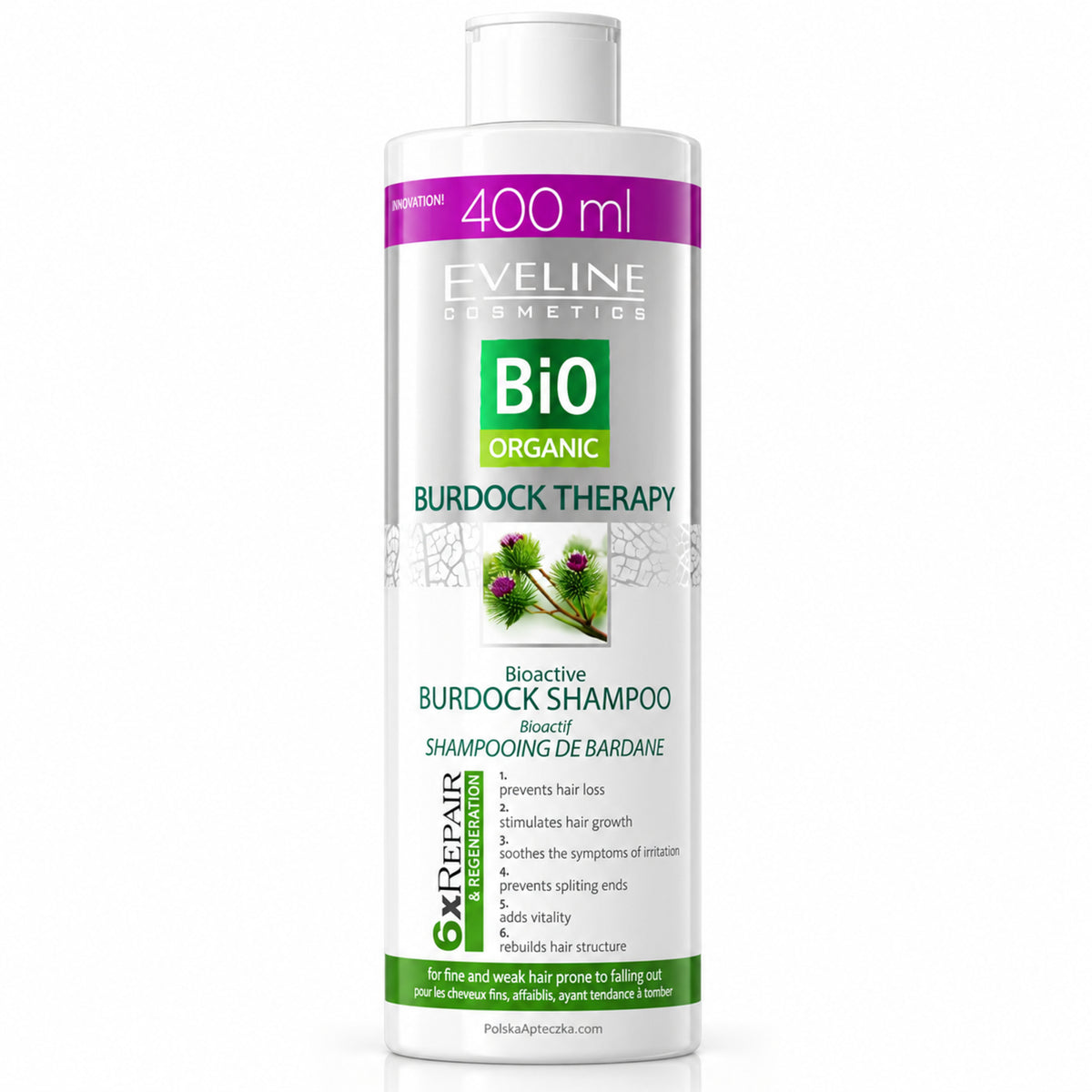 Bio Organic Burdock Therapy Strengthening Shampoo, 400 ml – Eveline on white / Bio Organic Burdock Therapy wzmacniający szampon łopianowy na białym tle