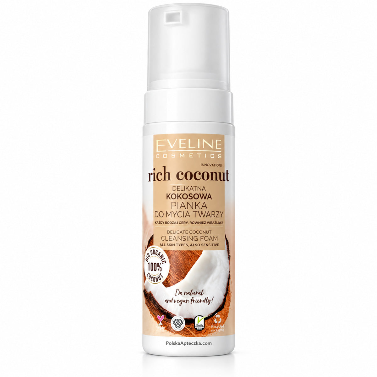 Rich Coconut Delicate Face Cleansing Foam, 150 ml – Eveline on white / Rich Coconut delikatna kokosowa pianka do mycia twarzy na białym tle
