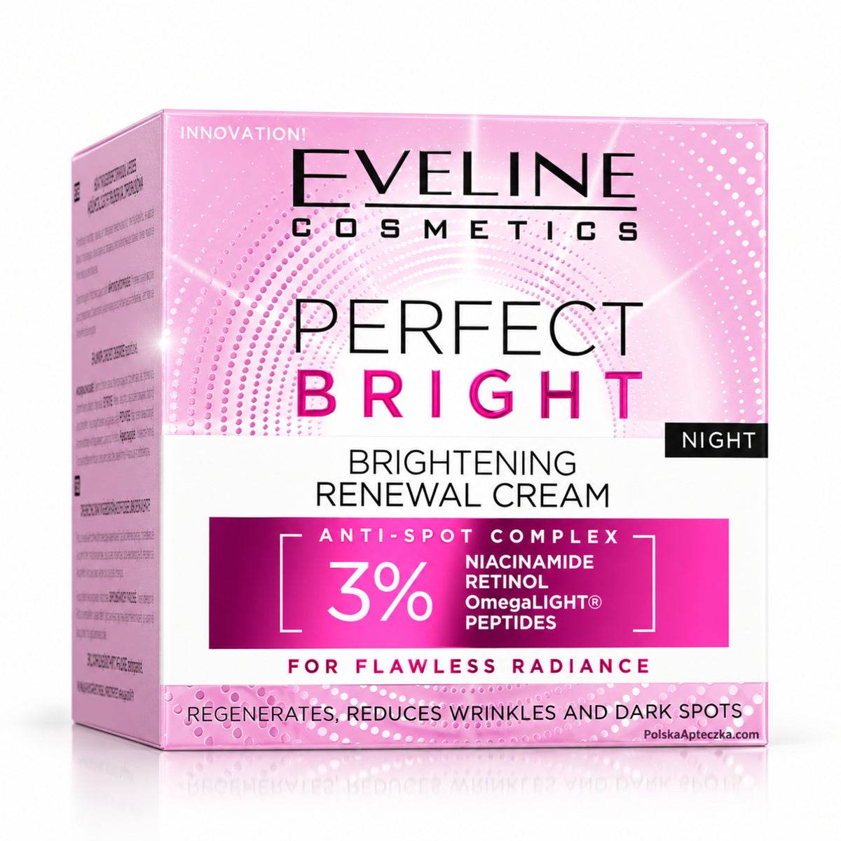 Perfect Bright Brightening Renewal Night Cream, 50 ml – Eveline on white / Rozświetlający krem na noc na białym tle