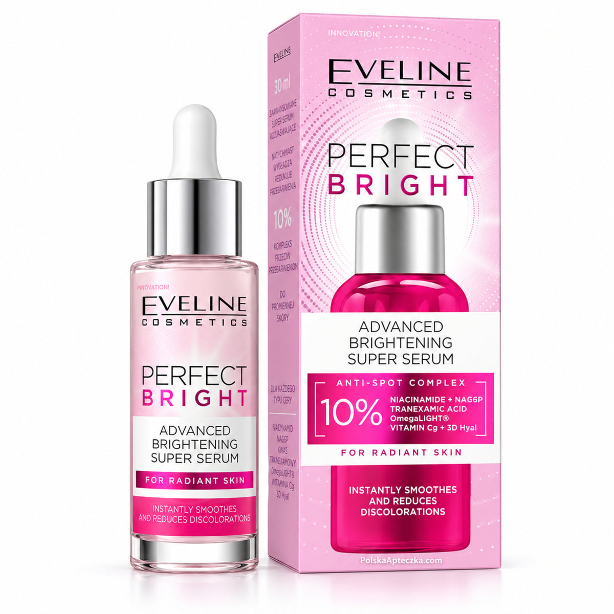 Perfect Bright Advanced Brightening Super Serum, 30 ml – Eveline on white / Serum rozświetlające na białym tle