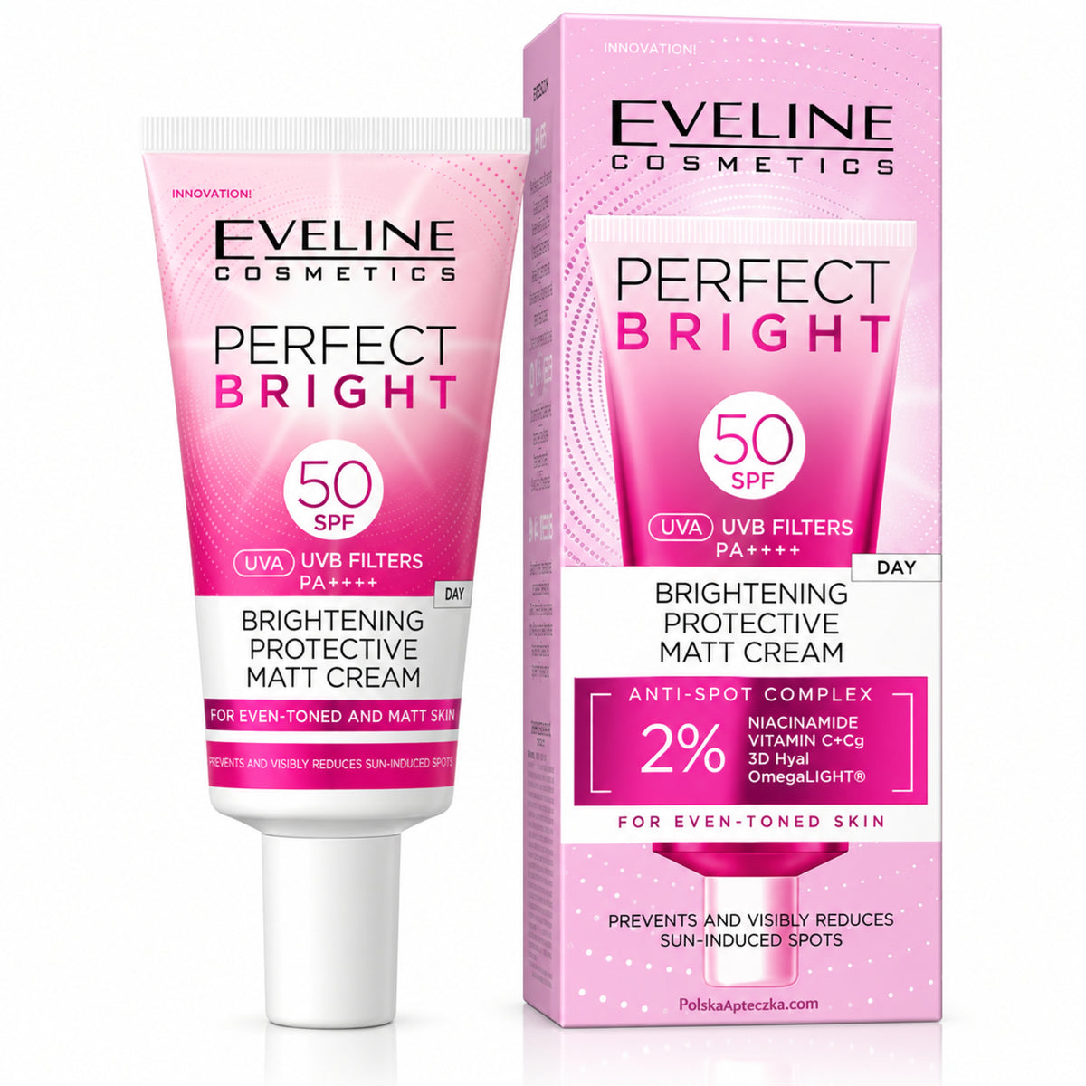 Perfect Bright Protective Mattifying Day Cream SPF 50, 30 ml – Eveline on white / Ochronny krem matujący SPF 50 na białym tle