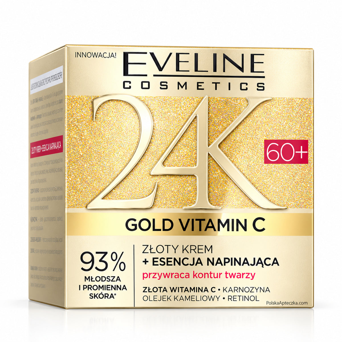 24K Gold Vitamin C 60+ Cream + Tightening Essence, 50 ml – Eveline on white / Złoty krem + esencja napinająca 60+ na białym tle