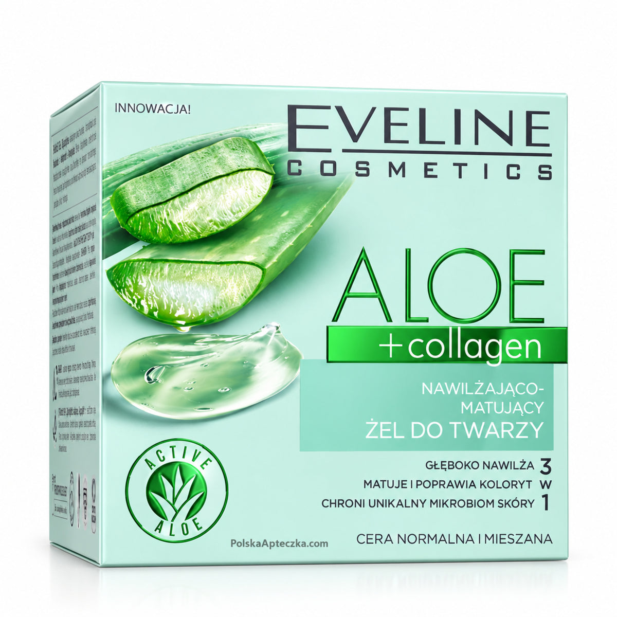 Organic Aloe + Collagen Moisturizing and Mattifying Face Gel, 50 ml – Eveline on white / Nawilżająco-matujący żel do twarzy na białym tle