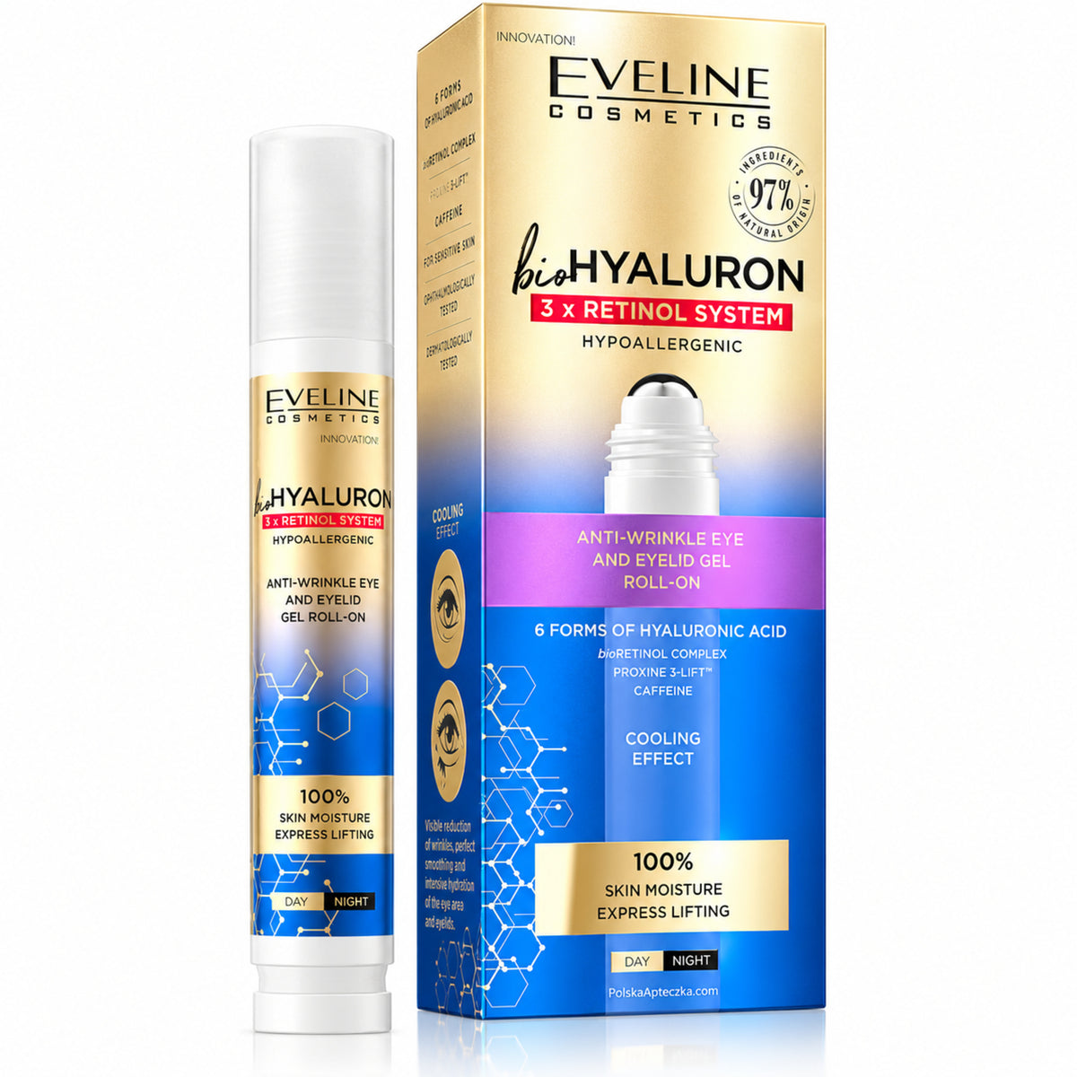 Bio Hyaluron Anti-Wrinkle Eye and Eyelid Gel Roll-On, 15 ml – Eveline on white / Bio Hyaluron przeciwzmarszczkowy żel roll-on pod oczy i na powieki na białym tle