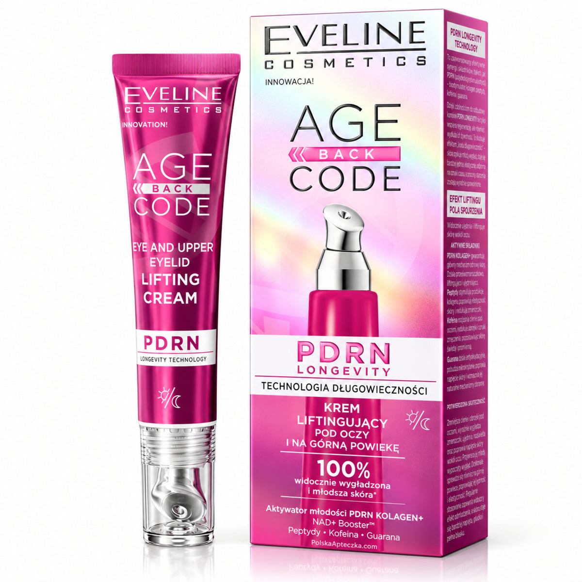 Age Back Code Eye and Upper Eyelid Lifting Cream, 15 ml – Eveline on white / Krem liftingujący pod oczy i na górną powiekę na białym tle