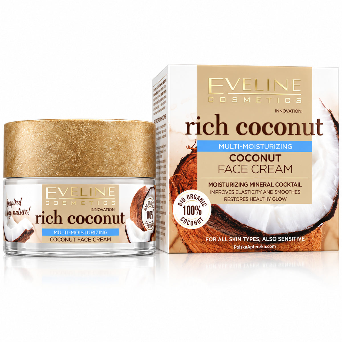 Rich Coconut Multi-Moisturizing Face Cream, 50 ml – Eveline on white / Rich Coconut nawilżający krem do twarzy na białym tle