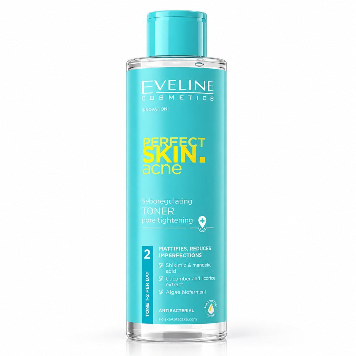 Perfect Skin Acne Seboregulating Pore Toner, 150 ml – Eveline on white / Seboregulujący tonik zwężający pory na białym tle
