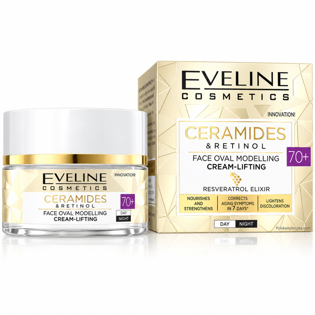 Ceramides & Retinol 70+ Face Contour Lifting Cream, 50 ml – Eveline on white / Ceramidy i retinol 70+ krem liftingujący na białym tle
