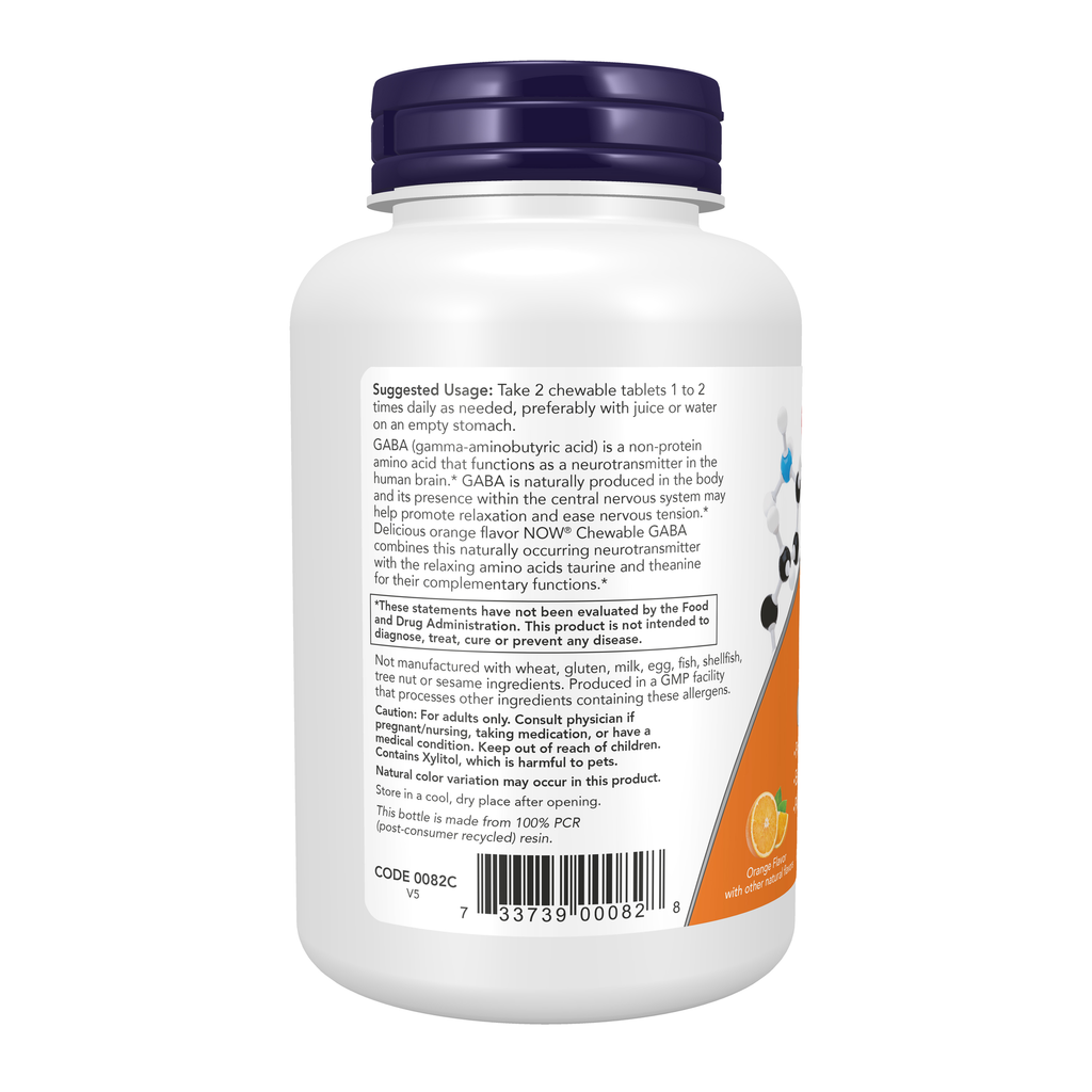 NOW Foods GABA Orange Flavor Chewable - 90 Chewables – Left label / Etykieta producenta