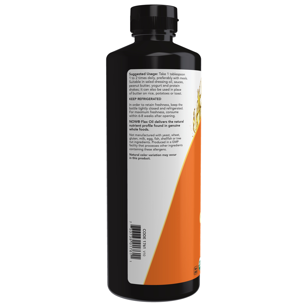 NOW Foods Flax Seed Oil Liquid, Organic - 24 fl. oz. – Label details / Etykieta producenta