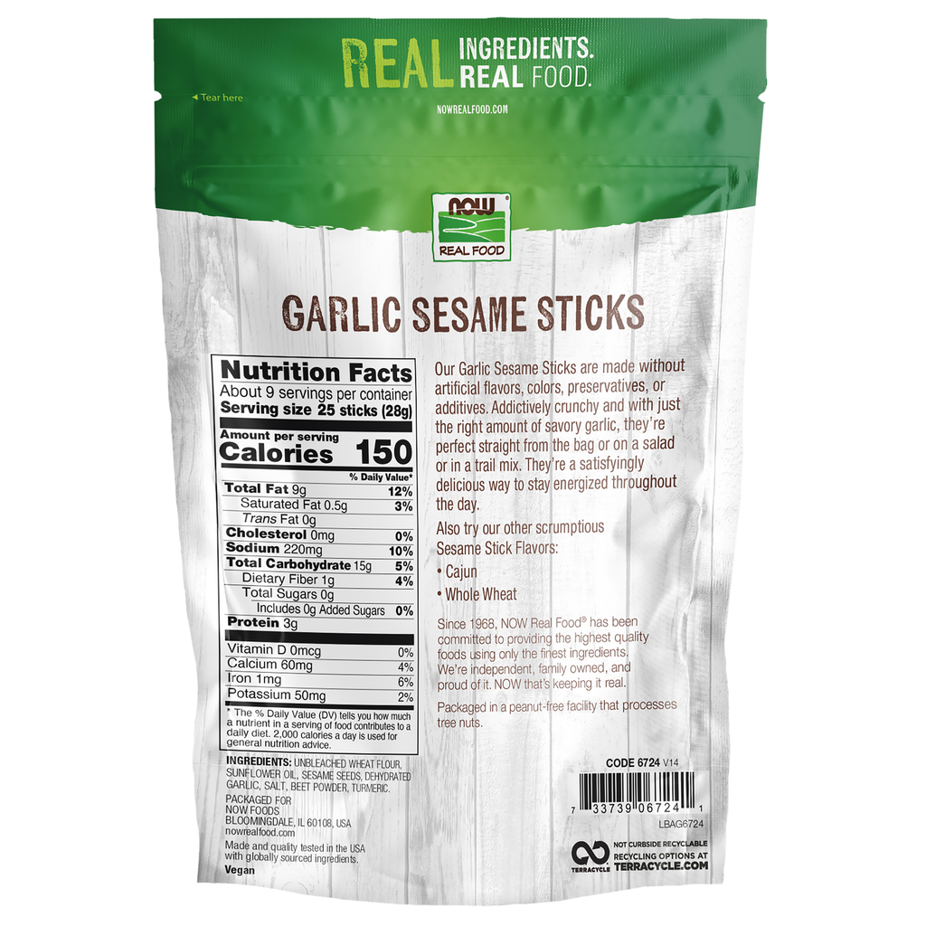 NOW Foods Garlic Sesame Sticks - 9 oz. – Back label / Etykieta producenta