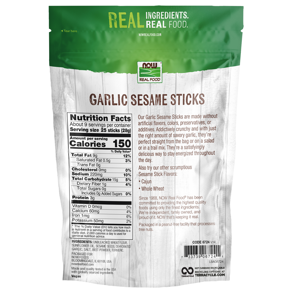 NOW Foods Garlic Sesame Sticks - 9 oz. – Back label / Etykieta producenta