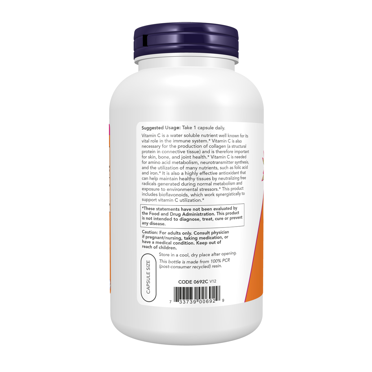 NOW Foods Vitamin C-1000 - 250 Veg Capsules – Left label / Etykieta producenta