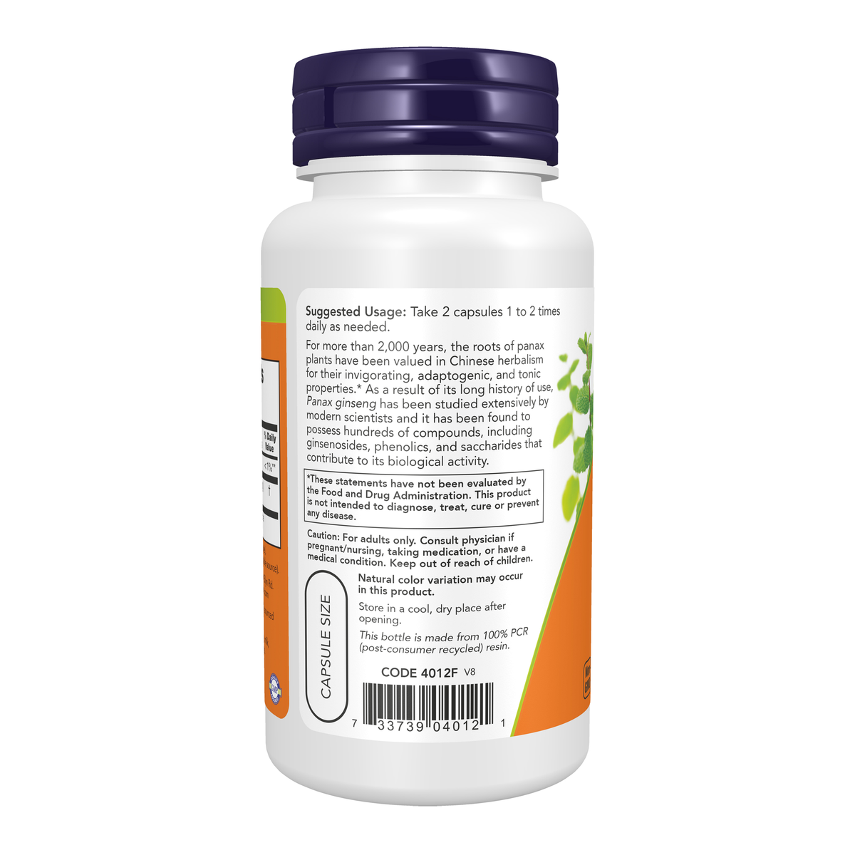 NOW Foods Panax Ginseng Extract - 100 Veg Capsules – Left label / Etykieta producenta