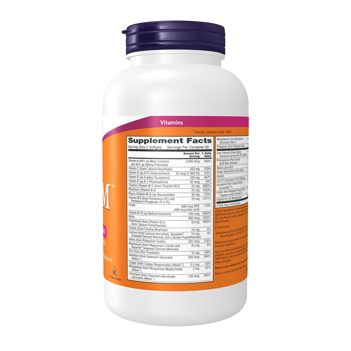 NOW Foods Adam™ Men's Multiple Vitamin - 180 Softgels – Right label / Etykieta producenta